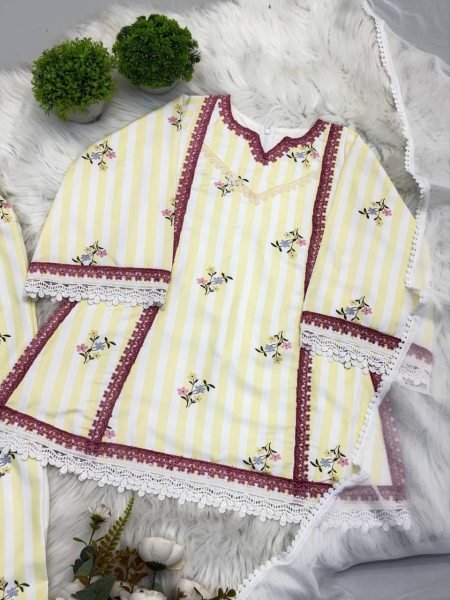 Kids Cream Pure Natural Crepe Farshi Suit with Embroidery and Nazmin Dupatta Girls Wear