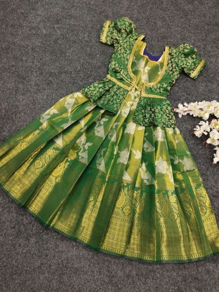 Kids Kanjivaram Silk Gown with Pure Silk Jacket Elegant Wedding Wear Look Kurtis