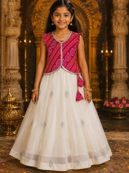 Kids Party Wear Cream Lehenga Choli with Heavy Thread and Sequins Work Kurtis