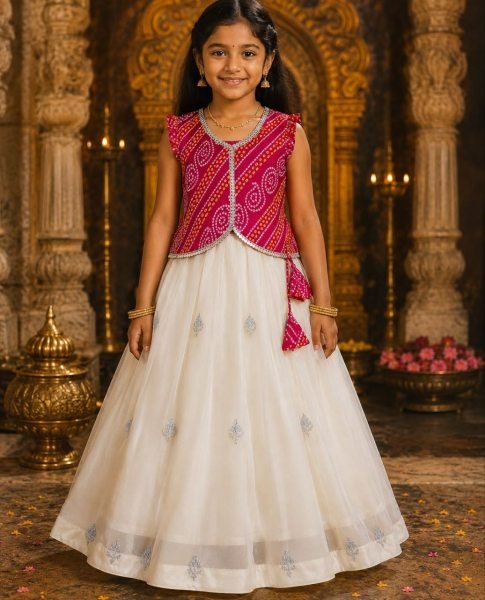 Kids Party Wear Cream Lehenga Choli with Heavy Thread and Sequins Work Girls Wear
