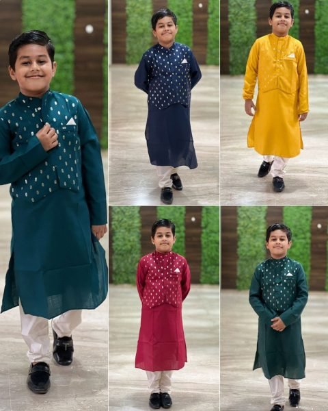 Kids Pure Cotton Foil Printed Butti Kurta Pajama With Koti Boys Wear