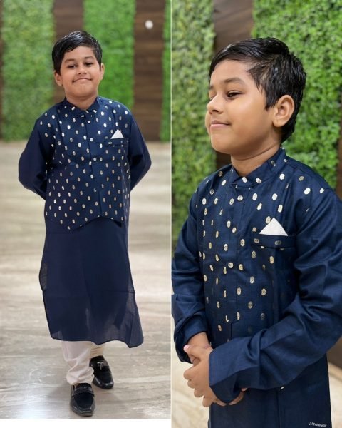 Kids Pure Cotton Foil Printed Butti Kurta Pajama With Koti Boys Wear