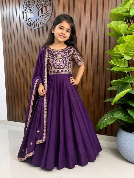 Kids Purple Pure Star Georgette Silk Gown with Heavy Embroidery and Hand Work Kurtis