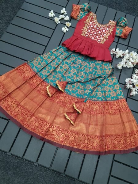 Kids Silk Lehenga Choli with Zari Work Fully Stitched Pure Silk Set with Embroidered Blouse Wholesale Collection by Royal Export Girls Wear