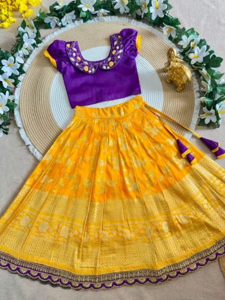Kids South Indian Festive Wear Yellow Purple Lehenga Choli with Zari Border Kurtis