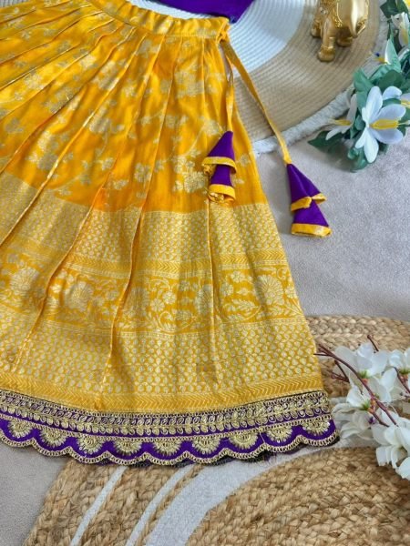 Kids South Indian Festive Wear Yellow Purple Lehenga Choli with Zari Border Girls Wear