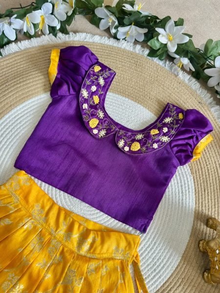 Kids South Indian Festive Wear Yellow Purple Lehenga Choli with Zari Border Girls Wear