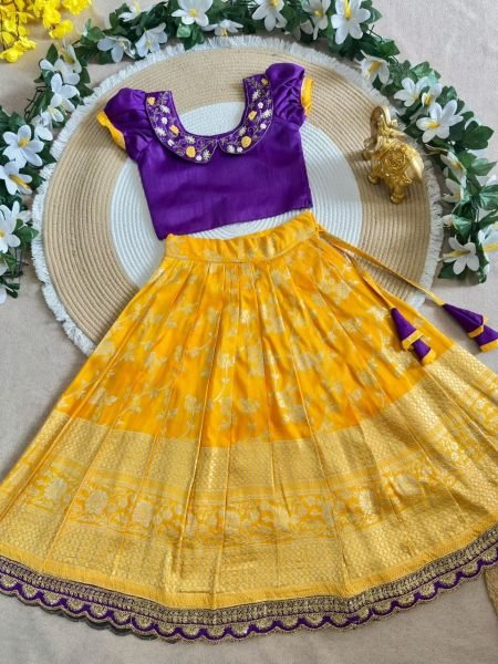 Kids South Indian Festive Wear Yellow Purple Lehenga Choli with Zari Border Girls Wear