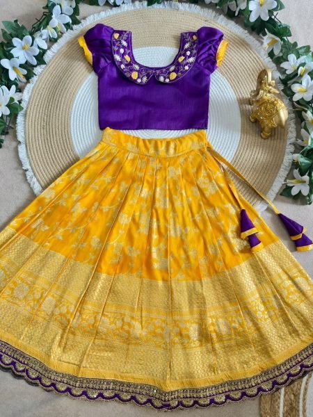 Kids South Indian Festive Wear Yellow Purple Lehenga Choli with Zari Border Girls Wear