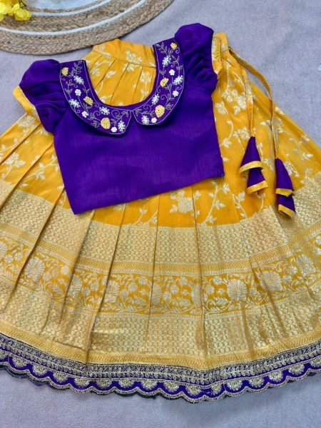 Kids South Indian Festive Wear Yellow Purple Lehenga Choli with Zari Border Girls Wear