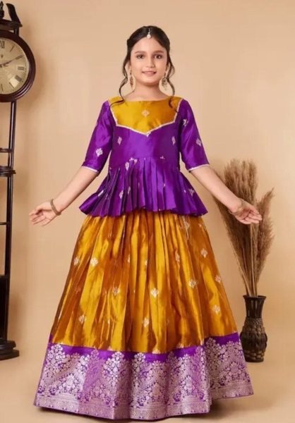Kids South Indian Traditional Pattu Pavadai Lehenga Choli Girls Wear