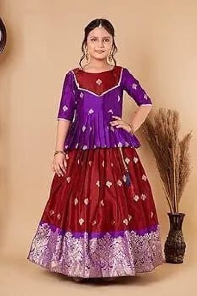Kids South Indian Traditional Pattu Pavadai Lehenga Choli Girls Wear
