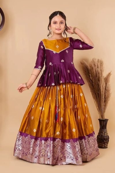 Kids South Indian Traditional Pattu Pavadai Lehenga Choli Girls Wear