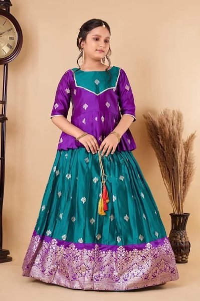 Kids South Indian Traditional Pattu Pavadai Lehenga Choli Girls Wear