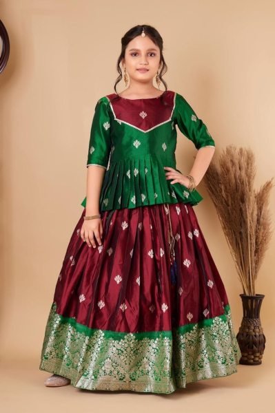 Kids South Indian Traditional Pattu Pavadai Lehenga Choli Girls Wear