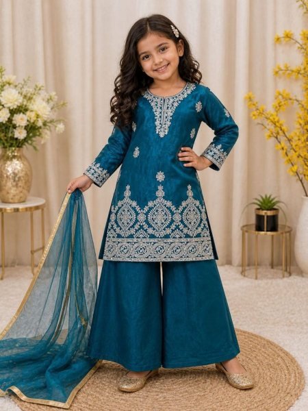 Kids Teal Blue Fendy Silk Palazzo Suit with Embroidery Sequins Work and Dupatta Kurtis