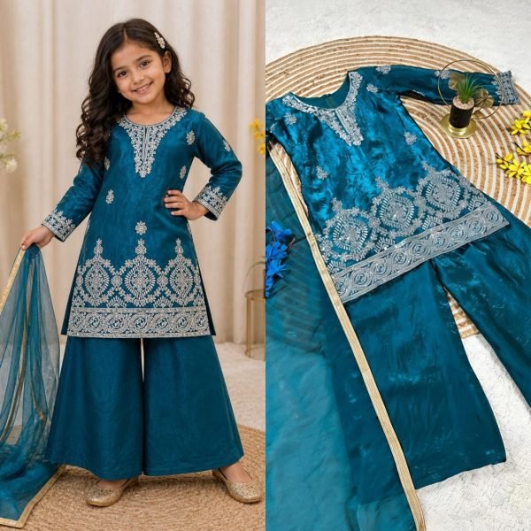 Kids Teal Blue Fendy Silk Palazzo Suit with Embroidery Sequins Work and Dupatta Girls Wear