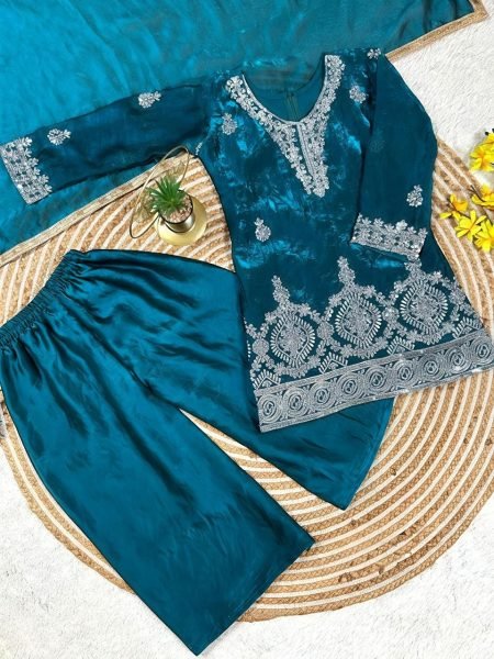 Kids Teal Blue Fendy Silk Palazzo Suit with Embroidery Sequins Work and Dupatta Girls Wear