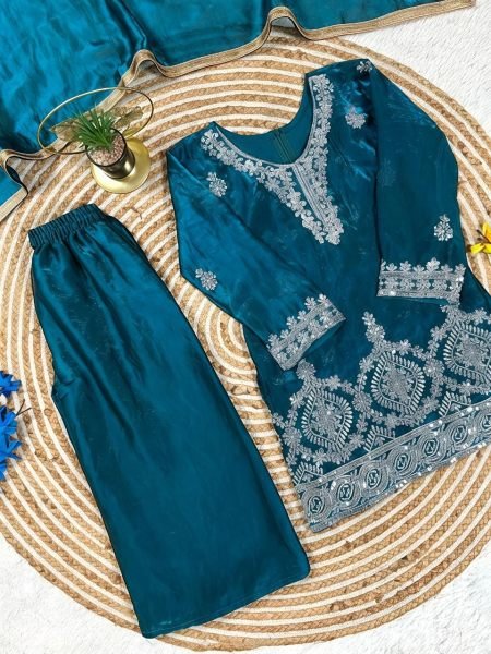 Kids Teal Blue Fendy Silk Palazzo Suit with Embroidery Sequins Work and Dupatta Girls Wear