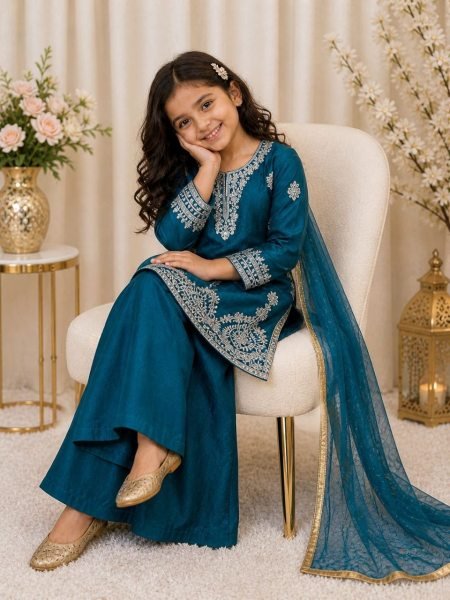 Kids Teal Blue Fendy Silk Palazzo Suit with Embroidery Sequins Work and Dupatta Girls Wear