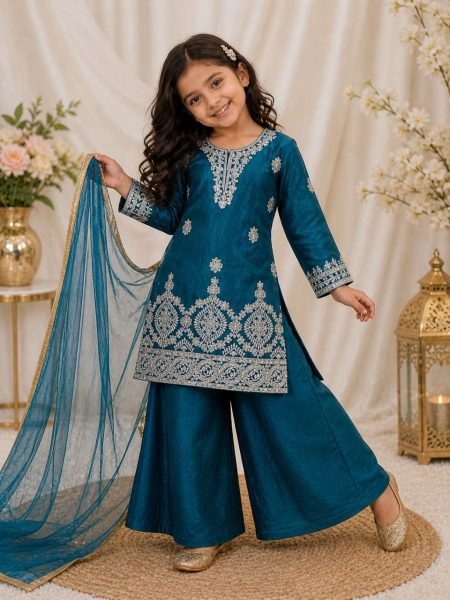 Kids Teal Blue Fendy Silk Palazzo Suit with Embroidery Sequins Work and Dupatta Girls Wear