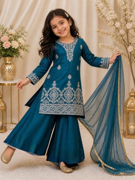 Kids Teal Blue Fendy Silk Palazzo Suit with Embroidery Sequins Work and Dupatta Girls Wear