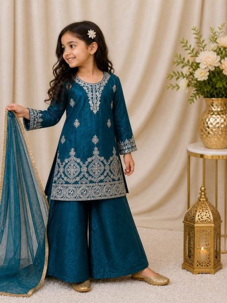 Kids Teal Blue Fendy Silk Palazzo Suit with Embroidery Sequins Work and Dupatta Girls Wear