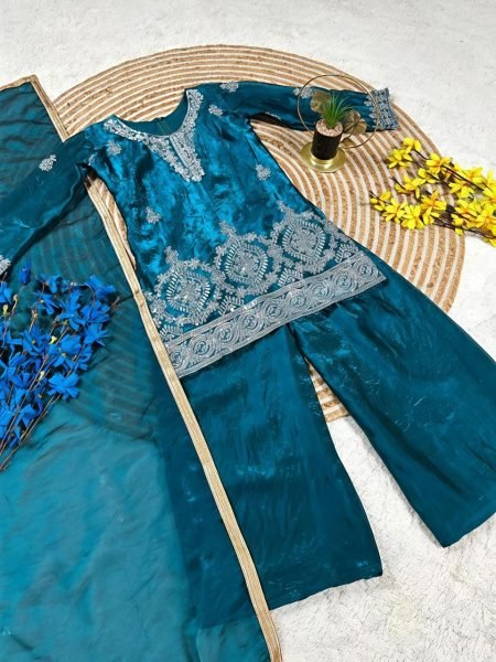 Kids Teal Blue Fendy Silk Palazzo Suit with Embroidery Sequins Work and Dupatta Girls Wear
