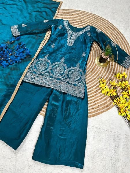 Kids Teal Blue Fendy Silk Palazzo Suit with Embroidery Sequins Work and Dupatta Girls Wear