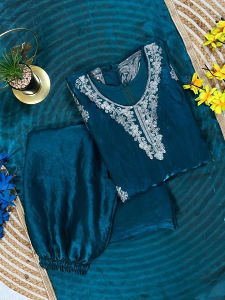 Kids Teal Blue Fendy Silk Palazzo Suit with Embroidery Sequins Work and Dupatta Girls Wear