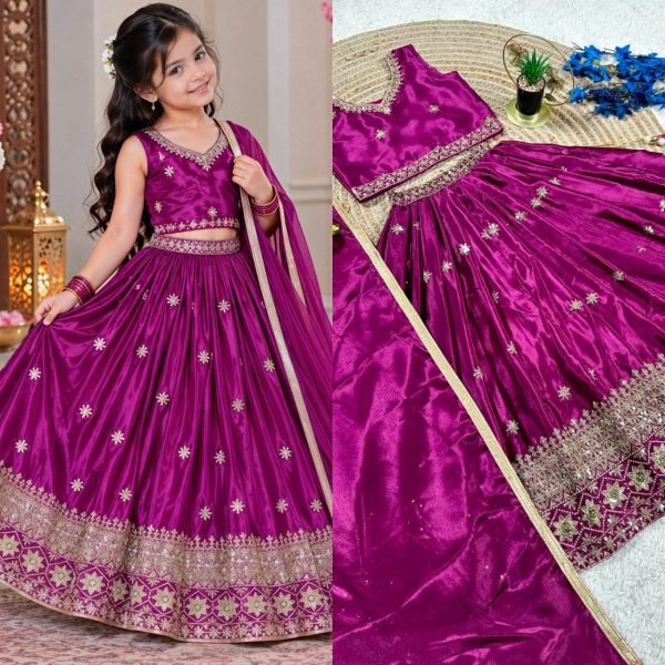 Kids Wine Chinon Silk Lehenga Choli with Sequin Embroidery and Dupatta Girls Wear