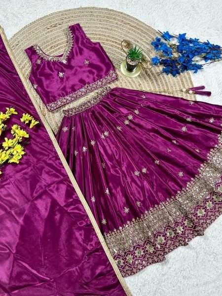 Kids Wine Chinon Silk Lehenga Choli with Sequin Embroidery and Dupatta Girls Wear