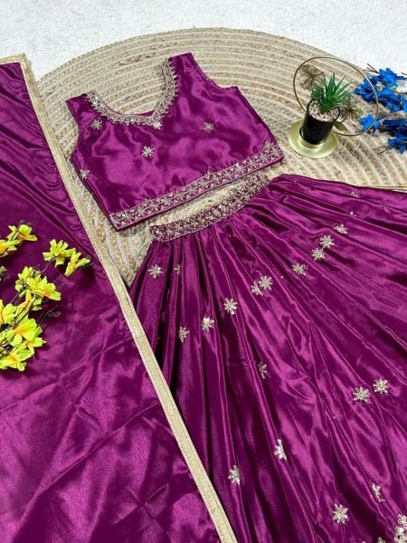 Kids Wine Chinon Silk Lehenga Choli with Sequin Embroidery and Dupatta Girls Wear