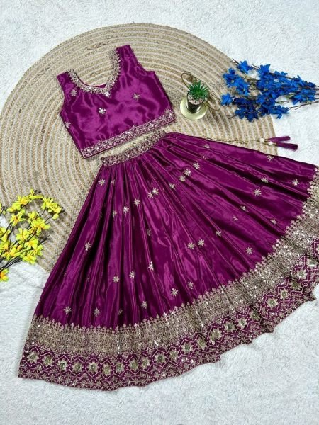 Kids Wine Chinon Silk Lehenga Choli with Sequin Embroidery and Dupatta Girls Wear