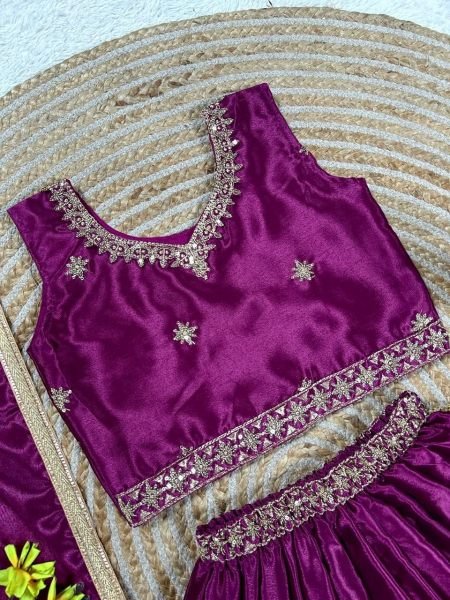 Kids Wine Chinon Silk Lehenga Choli with Sequin Embroidery and Dupatta Girls Wear
