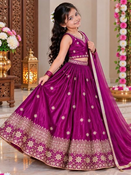 Kids Wine Chinon Silk Lehenga Choli with Sequin Embroidery and Dupatta Girls Wear