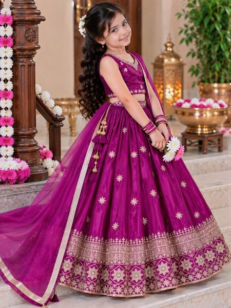 Kids Wine Chinon Silk Lehenga Choli with Sequin Embroidery and Dupatta Girls Wear