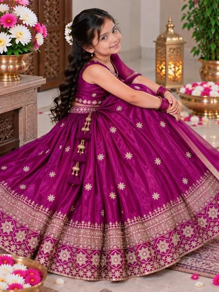 Kids Wine Chinon Silk Lehenga Choli with Sequin Embroidery and Dupatta Girls Wear