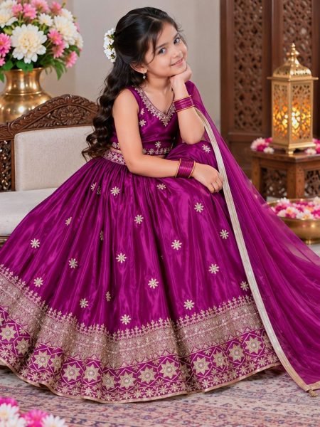 Kids Wine Chinon Silk Lehenga Choli with Sequin Embroidery and Dupatta Girls Wear