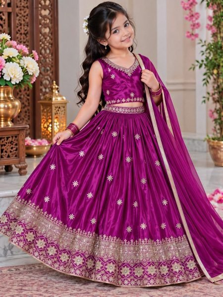 Kids Wine Chinon Silk Lehenga Choli with Sequin Embroidery and Dupatta Girls Wear