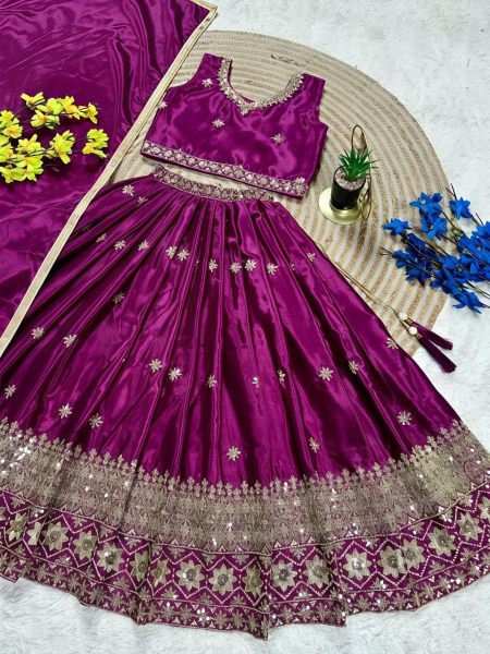 Kids Wine Chinon Silk Lehenga Choli with Sequin Embroidery and Dupatta Girls Wear