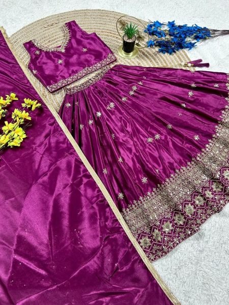 Kids Wine Chinon Silk Lehenga Choli with Sequin Embroidery and Dupatta Girls Wear