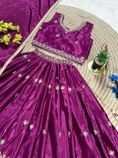 Kids Wine Chinon Silk Lehenga Choli with Sequin Embroidery and Dupatta Girls Wear