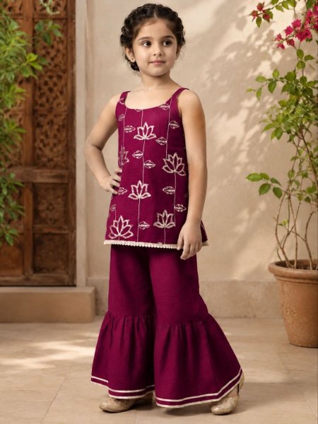 Kids Wine Cotton Top Bottom With Embroidered Work Sleeveless For Girls Kurtis