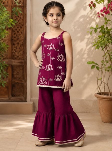Kids Wine Cotton Top Bottom With Embroidered Work Sleeveless For Girls Girls Wear