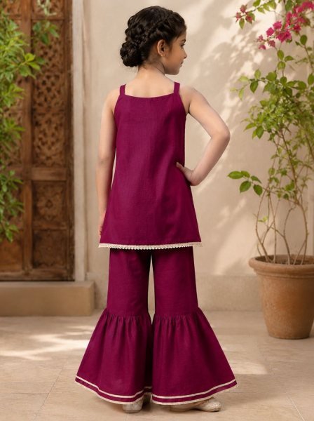 Kids Wine Cotton Top Bottom With Embroidered Work Sleeveless For Girls Girls Wear