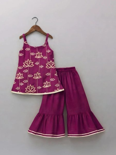 Kids Wine Cotton Top Bottom With Embroidered Work Sleeveless For Girls Girls Wear