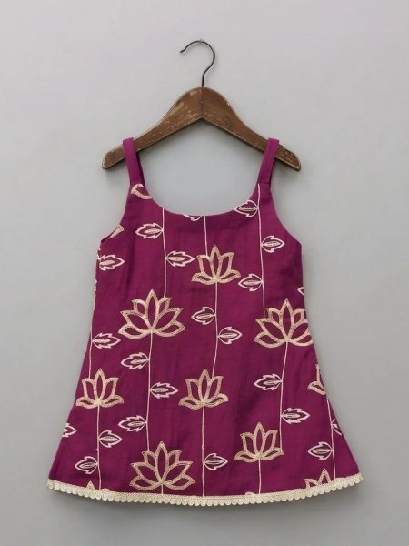 Kids Wine Cotton Top Bottom With Embroidered Work Sleeveless For Girls Girls Wear