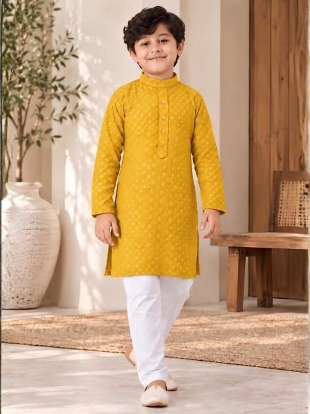 Kids Yellow Ethnic Wear Rayon Chikankari Outfit with Pocket at Manufacturer  