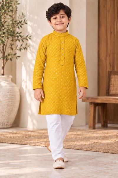 Kids Yellow Ethnic Wear Rayon Chikankari Outfit with Pocket at Manufacturer  Boys Wear